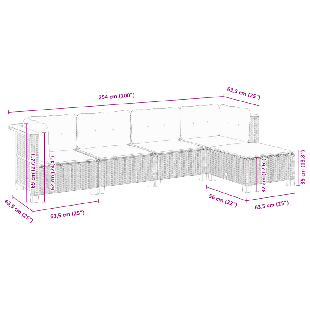 5 pcs conjunto sofás de jardim com almofadões vime PE preto