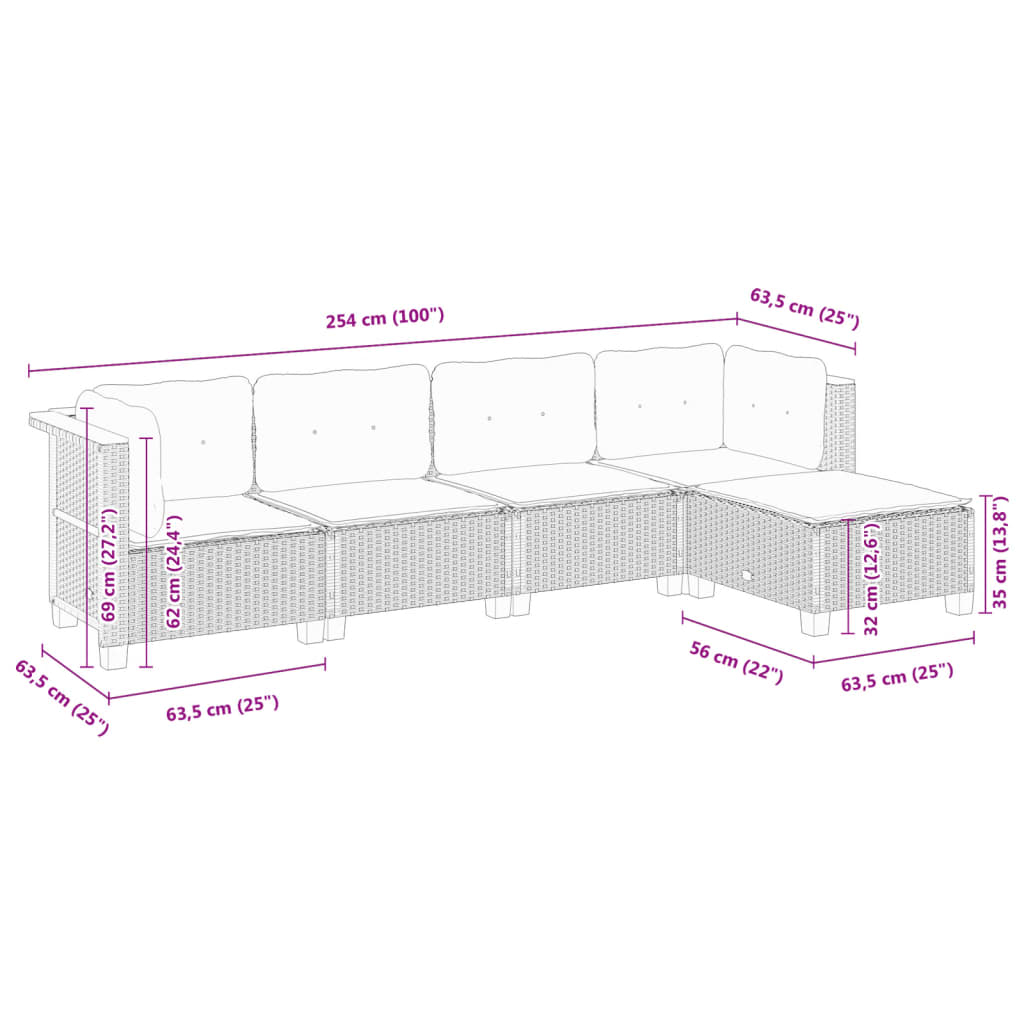 5 pcs conjunto sofás de jardim c/ almofadões vime PE cinzento