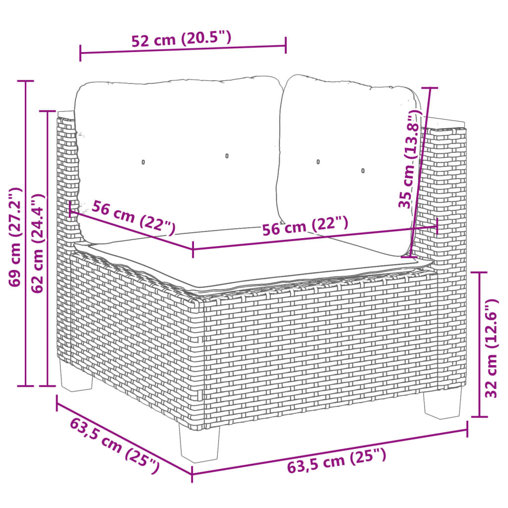 5 pcs conjunto sofás de jardim c/ almofadões vime PE cinzento