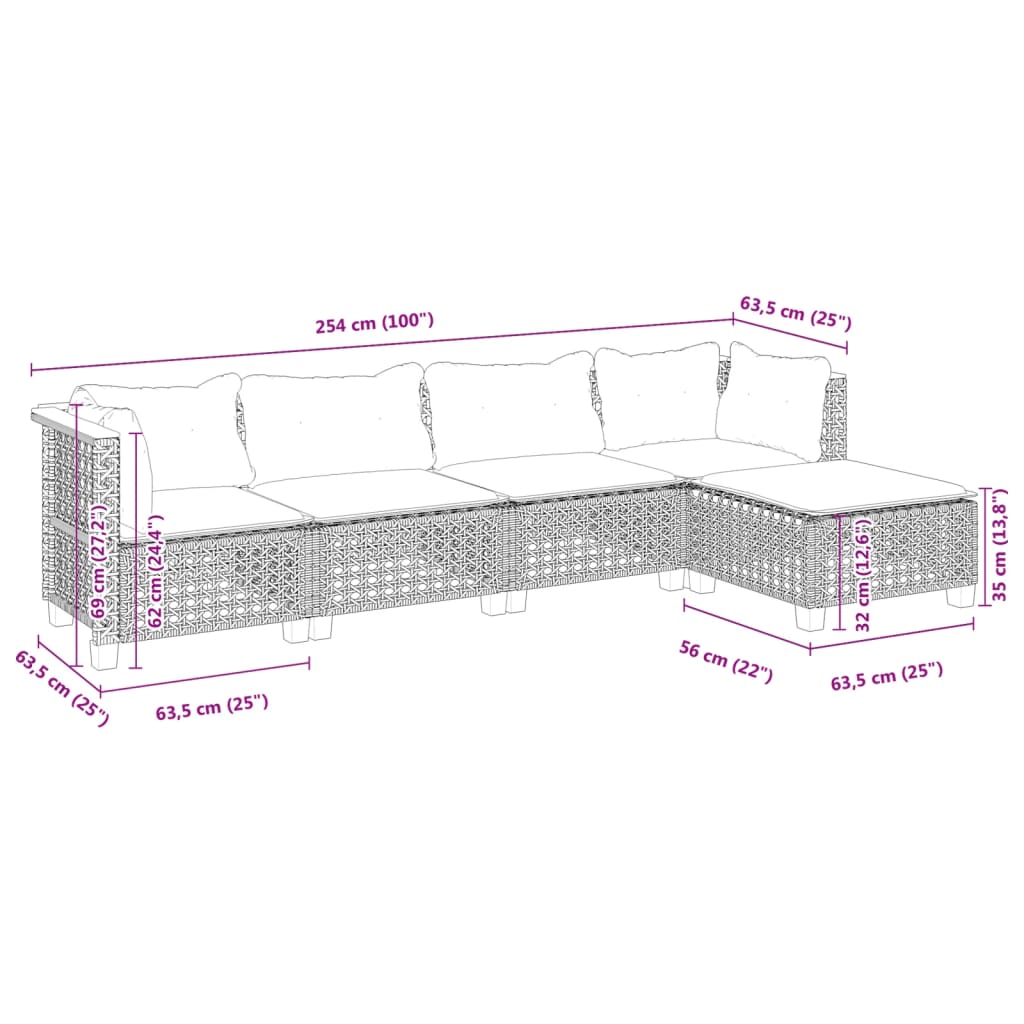 5 pcs conjunto sofás de jardim com almofadões vime PE preto