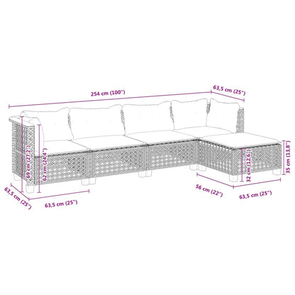 5 pcs conjunto sofás de jardim com almofadões vime PE preto