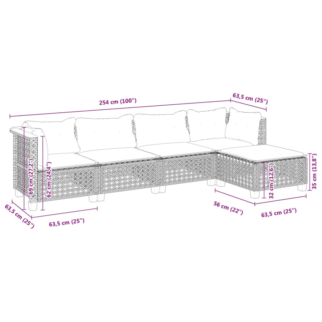 5 pcs conjunto sofás de jardim c/ almofadões vime PE cinzento