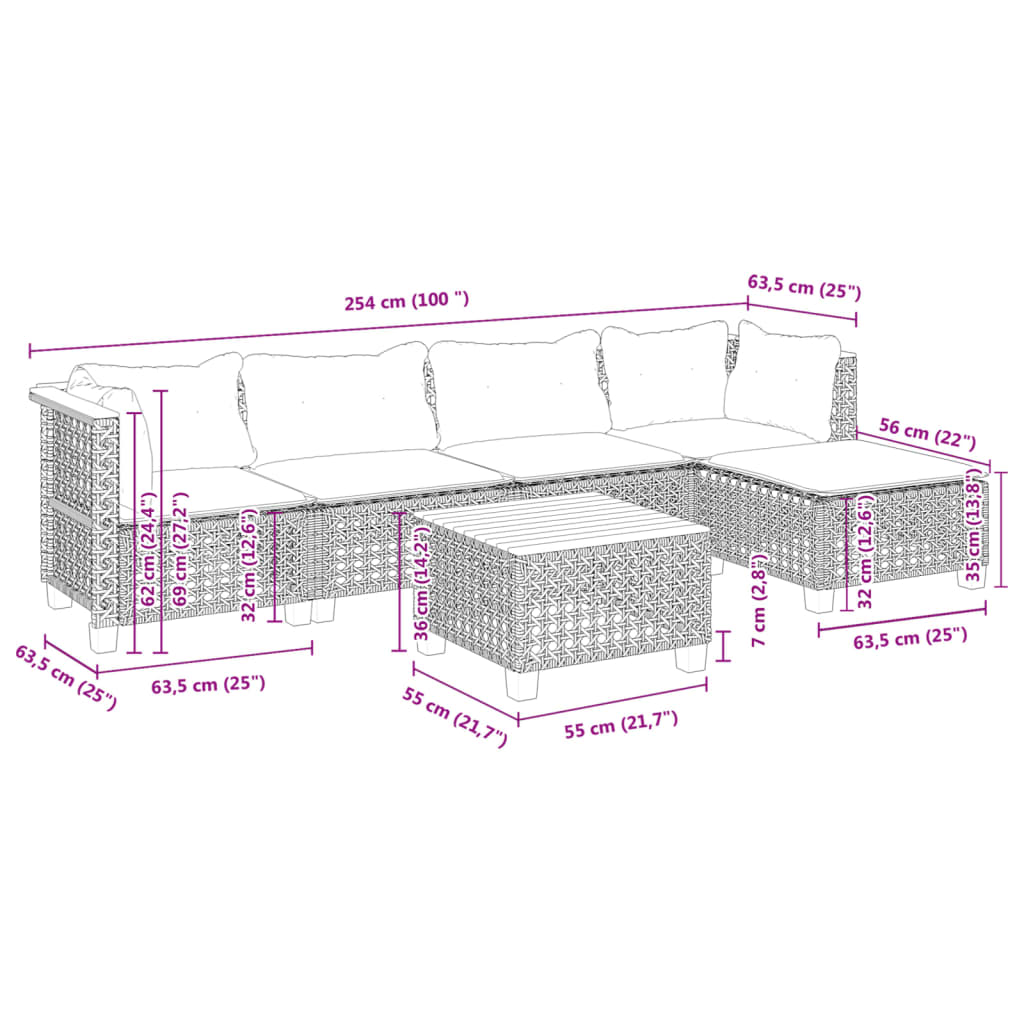 6 pcs conjunto sofás de jardim com almofadões vime cinzento