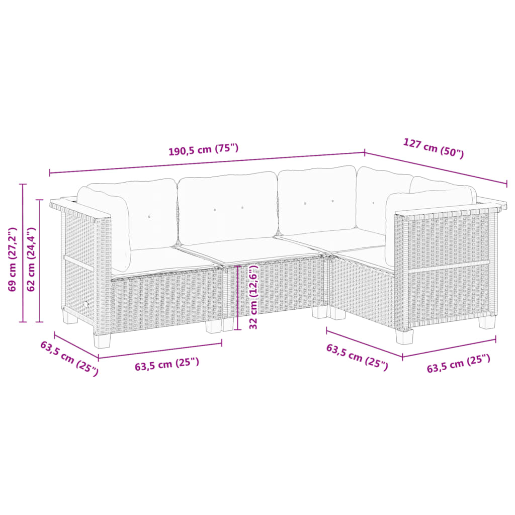 4 pcs conjunto de sofás para jardim c/ almofadões vime PE preto