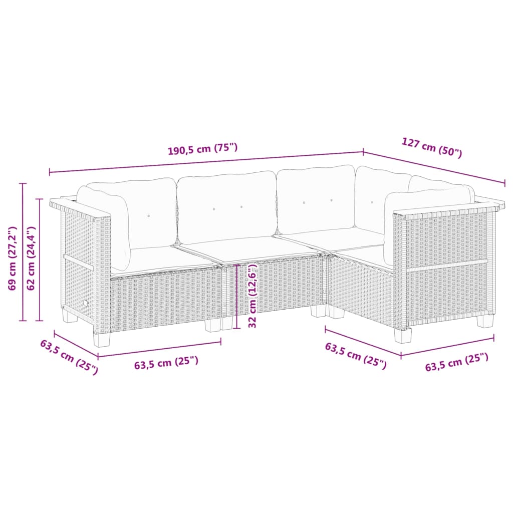 4 pcs conjunto sofás de jardim c/ almofadões vime PE cinzento