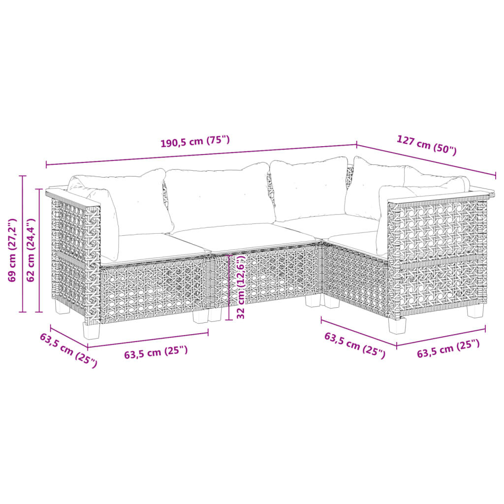 4 pcs conjunto sofás de jardim c/ almofadões vime PE cinzento