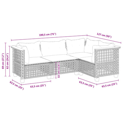 4 pcs conjunto sofás de jardim c/ almofadões vime PE cinzento