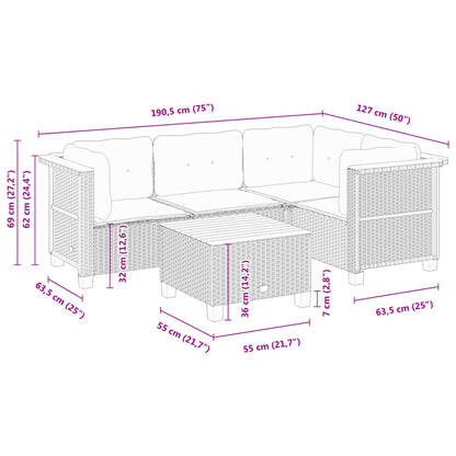 5 pcs conjunto sofás de jardim c/ almofadões vime PE cinzento