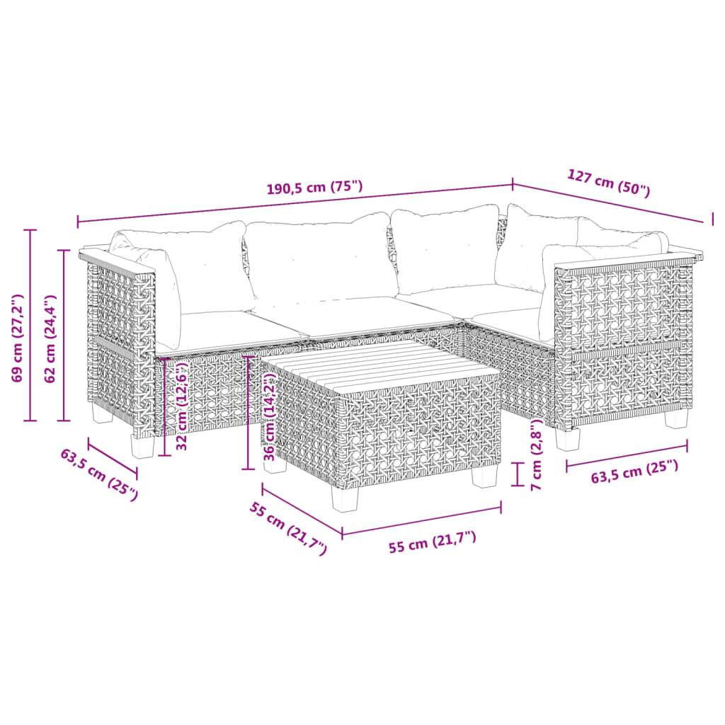 5 pcs conjunto sofás de jardim c/ almofadões vime PE cinzento