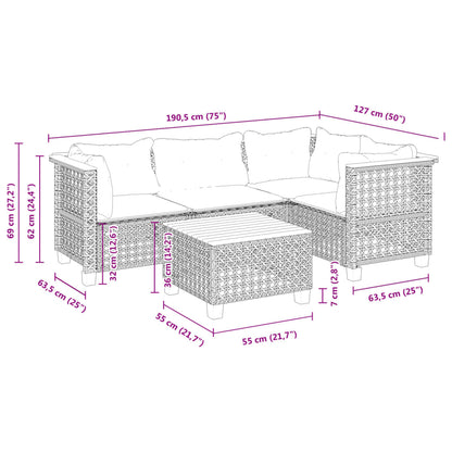 5 pcs conjunto sofás de jardim c/ almofadões vime PE cinzento