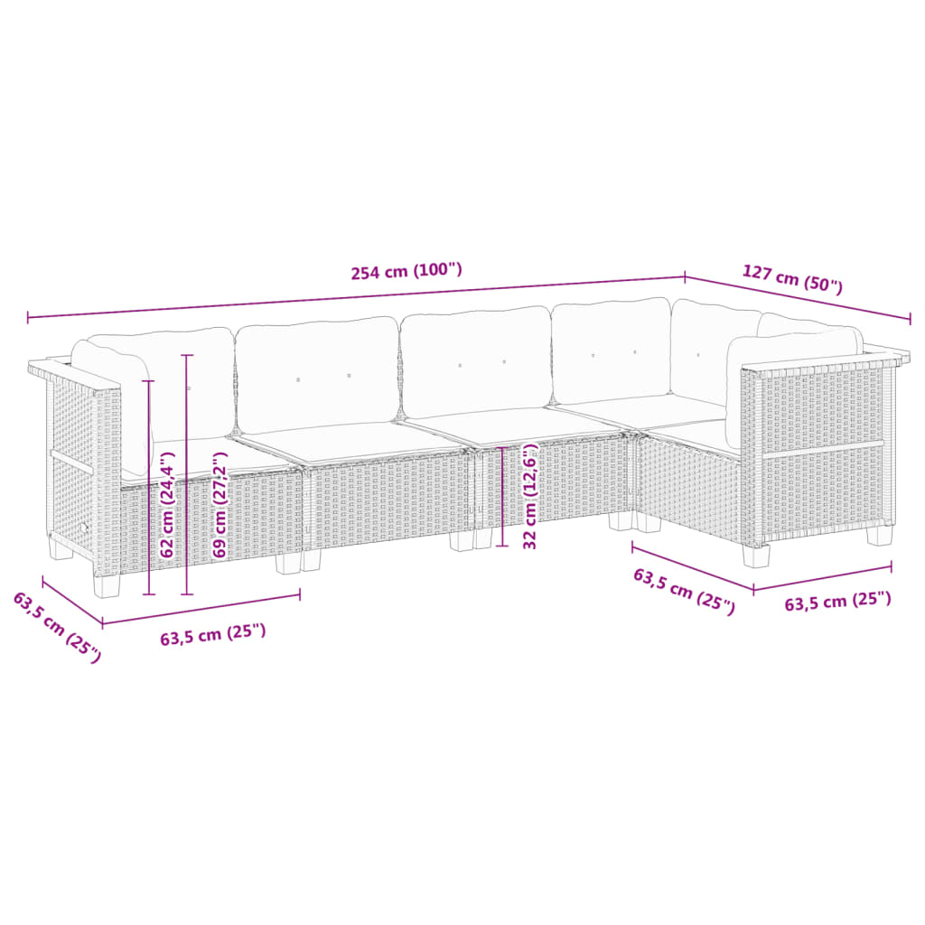 5 pcs conjunto sofás de jardim c/ almofadões vime PE cinzento