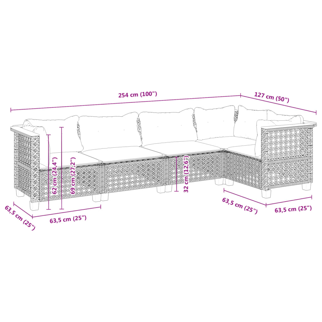 5 pcs conjunto sofás de jardim com almofadões vime PE preto