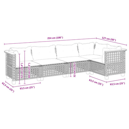 5 pcs conjunto sofás de jardim com almofadões vime PE preto