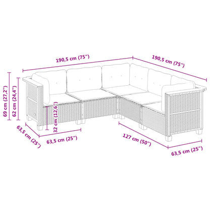 5 pcs conjunto sofás de jardim com almofadões vime PE preto