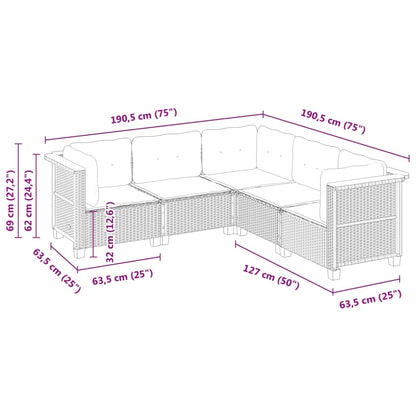 5 pcs conjunto sofás de jardim c/ almofadões vime PE cinzento