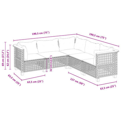 5 pcs conjunto sofás de jardim com almofadões vime PE preto