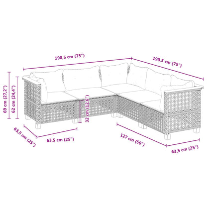 5 pcs conjunto sofás de jardim c/ almofadões vime PE cinzento