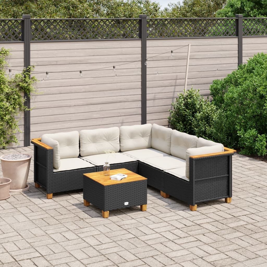 6 pcs conjunto sofás de jardim c/ almofadões vime PE preto