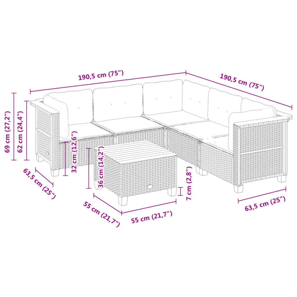 6 pcs conjunto sofás de jardim com almofadões vime cinzento