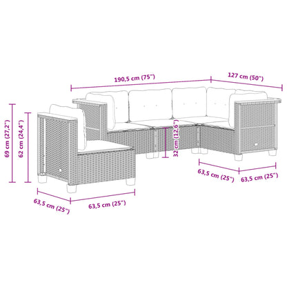 5 pcs conjunto sofás de jardim com almofadões vime PE preto