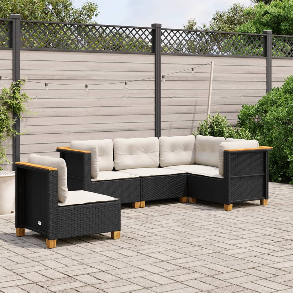 5 pcs conjunto sofás de jardim com almofadões vime PE preto