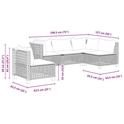 5 pcs conjunto sofás de jardim com almofadões vime PE preto