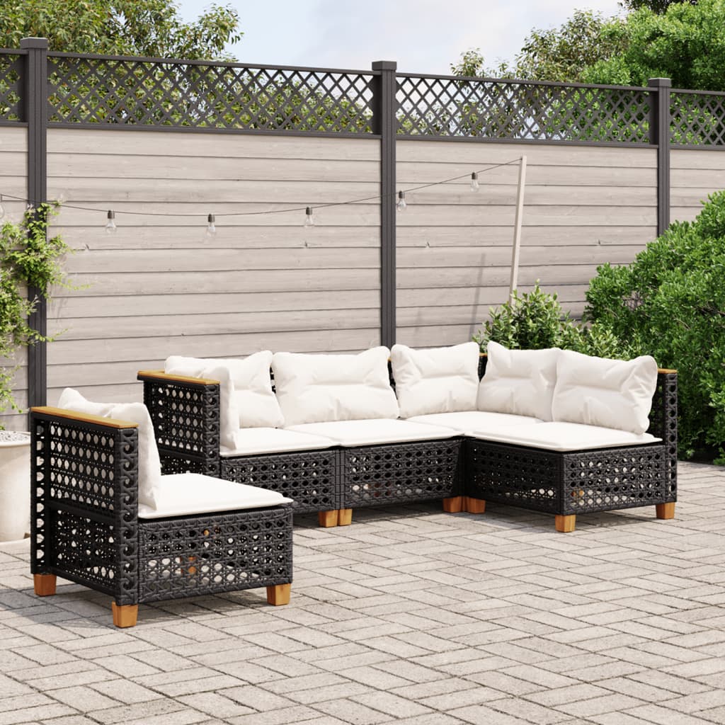 5 pcs conjunto sofás de jardim com almofadões vime PE preto