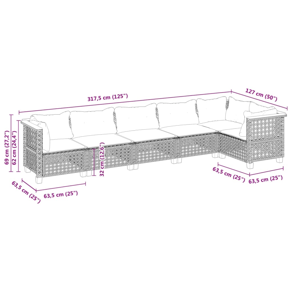 6 pcs conjunto sofás de jardim c/ almofadões vime PE preto