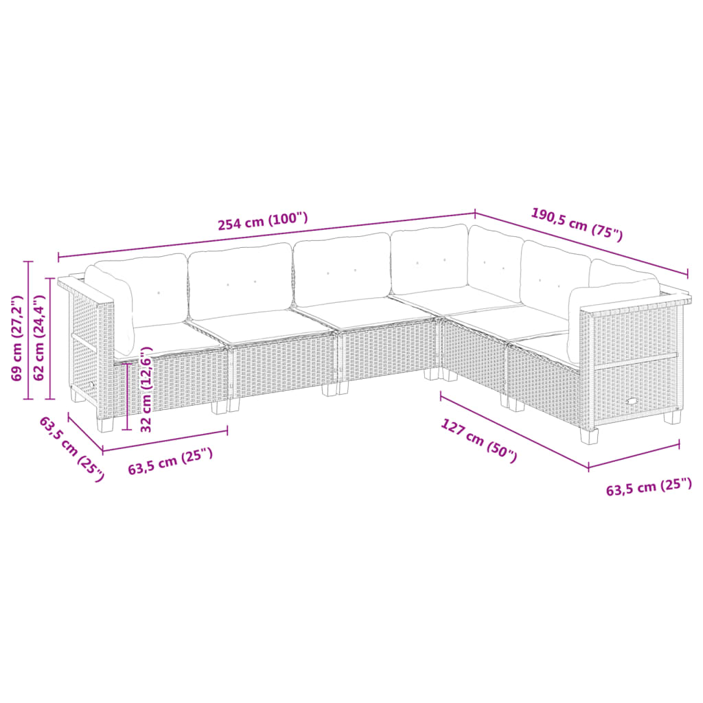 6 pcs conjunto sofás de jardim c/ almofadões vime PE preto