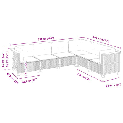 6 pcs conjunto sofás de jardim c/ almofadões vime PE preto