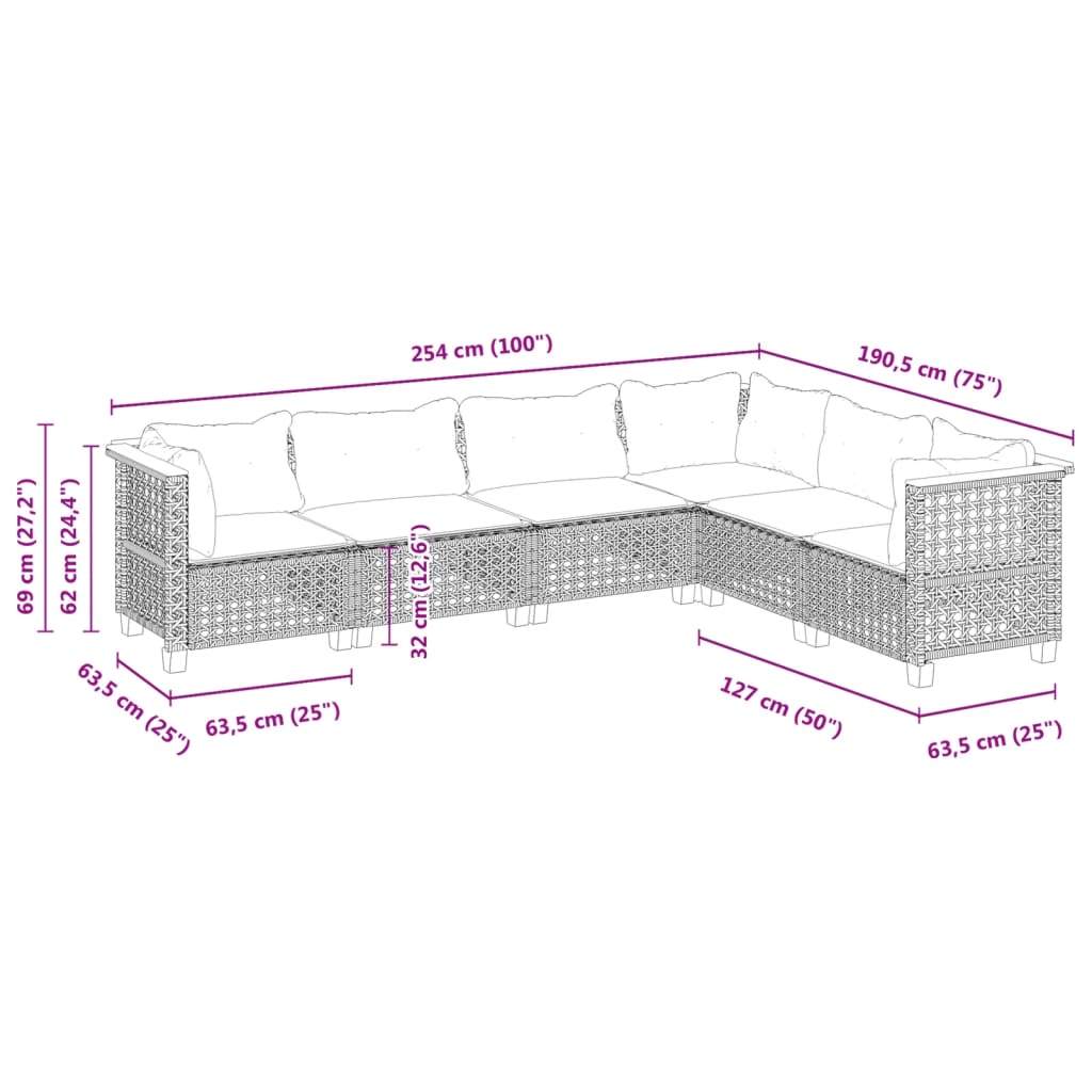 6 pcs conjunto sofás de jardim c/ almofadões vime PE preto