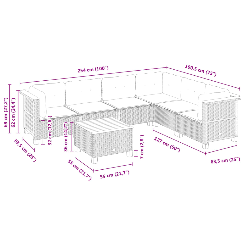 7 pcs conjunto de sofás p/ jardim c/ almofadões vime PE preto