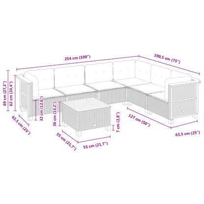 7 pcs conjunto de sofás p/ jardim c/ almofadões vime PE preto