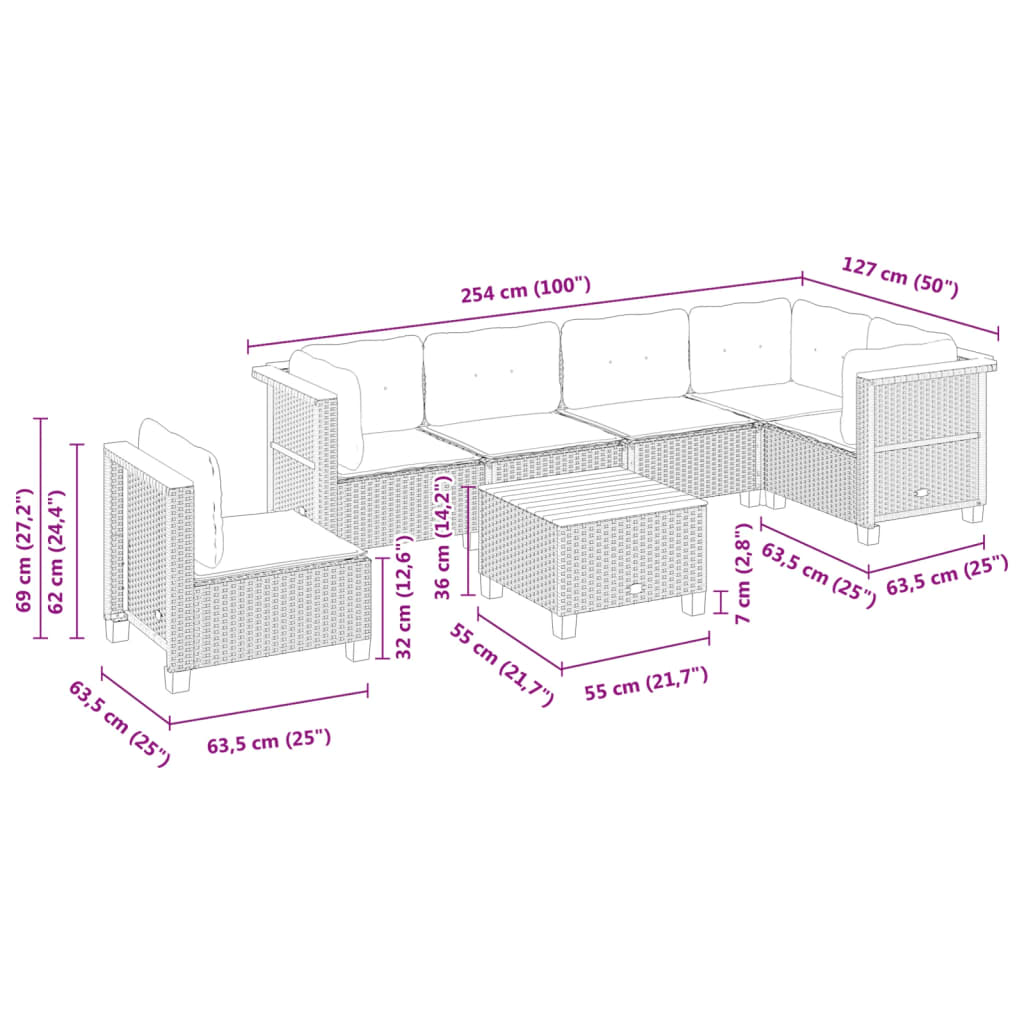 7 pcs conjunto de sofás p/ jardim c/ almofadões vime PE preto