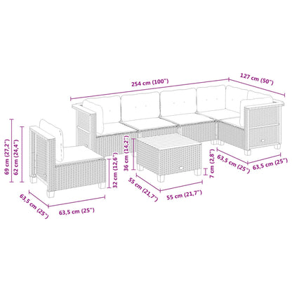 7 pcs conjunto de sofás p/ jardim c/ almofadões vime PE preto