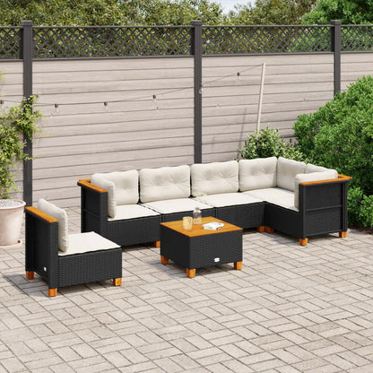 7 pcs conjunto de sofás p/ jardim c/ almofadões vime PE preto