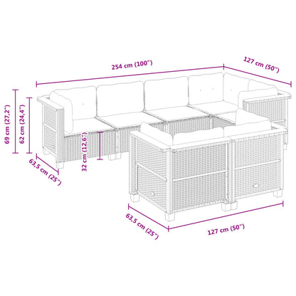 7 pcs conjunto sofás p/ jardim c/ almofadões vime PE cinzento