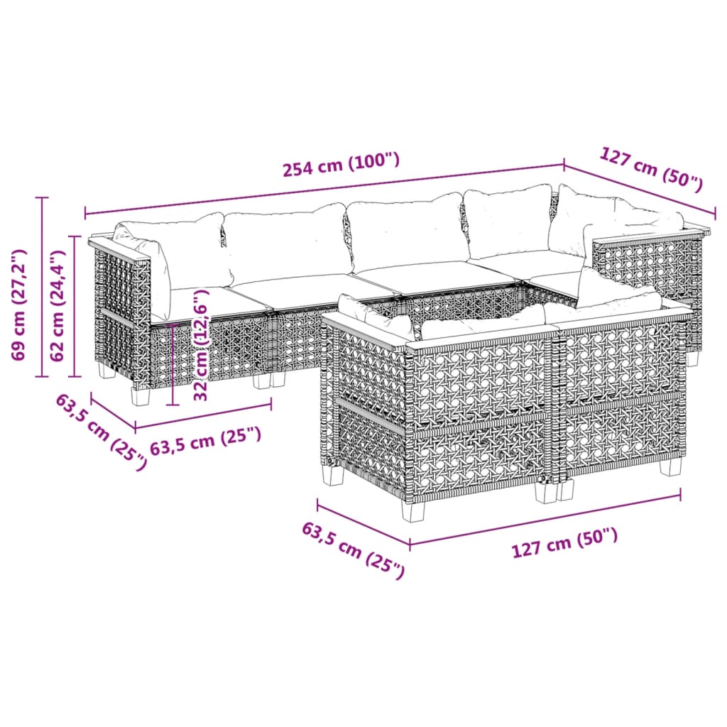 7 pcs conjunto sofás p/ jardim c/ almofadões vime PE cinzento