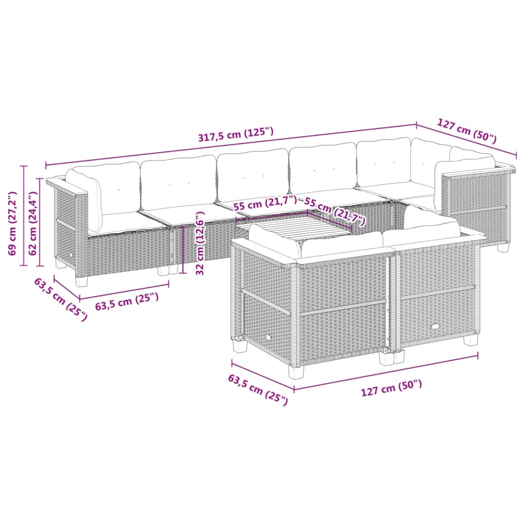 9 pcs conjunto sofás p/ jardim com almofadões vime PE cinzento