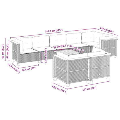 9 pcs conjunto sofás p/ jardim com almofadões vime PE cinzento