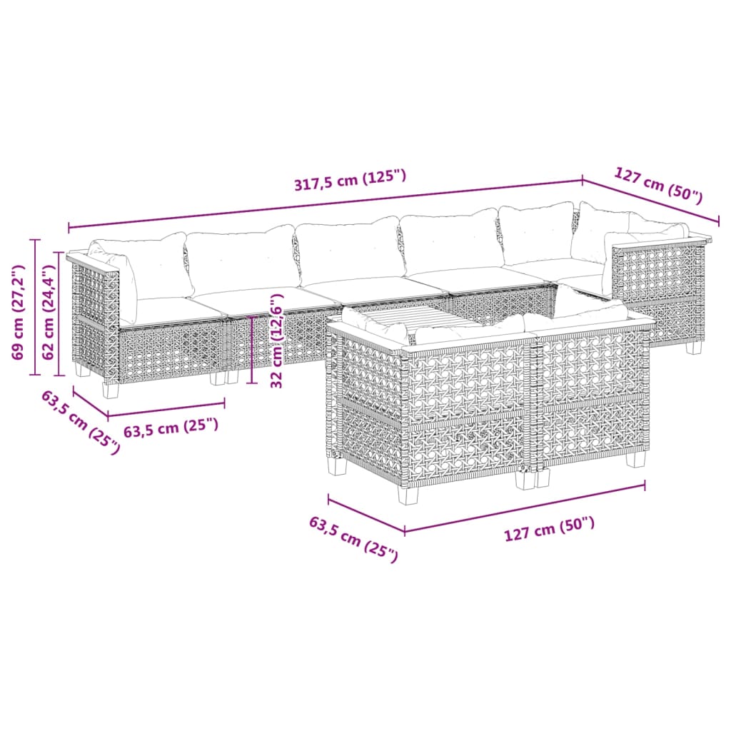 9 pcs conjunto de sofás p/ jardim c/ almofadões vime PE preto