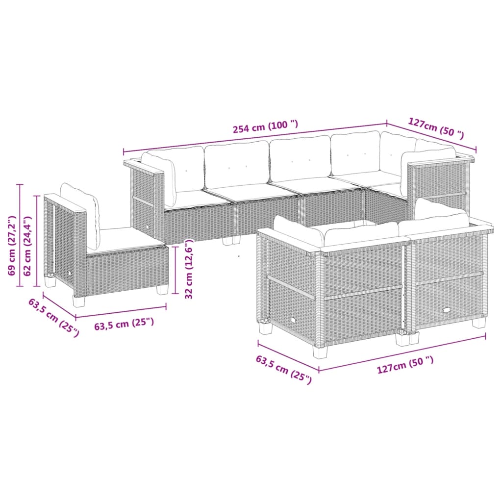 8 pcs conjunto sofás de jardim com almofadões vime PE preto