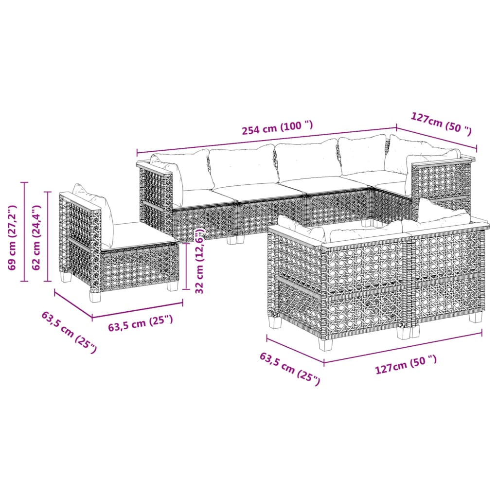 8 pcs conjunto sofás de jardim com almofadões vime PE preto