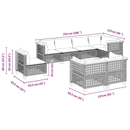 8 pcs conjunto sofás de jardim com almofadões vime PE preto