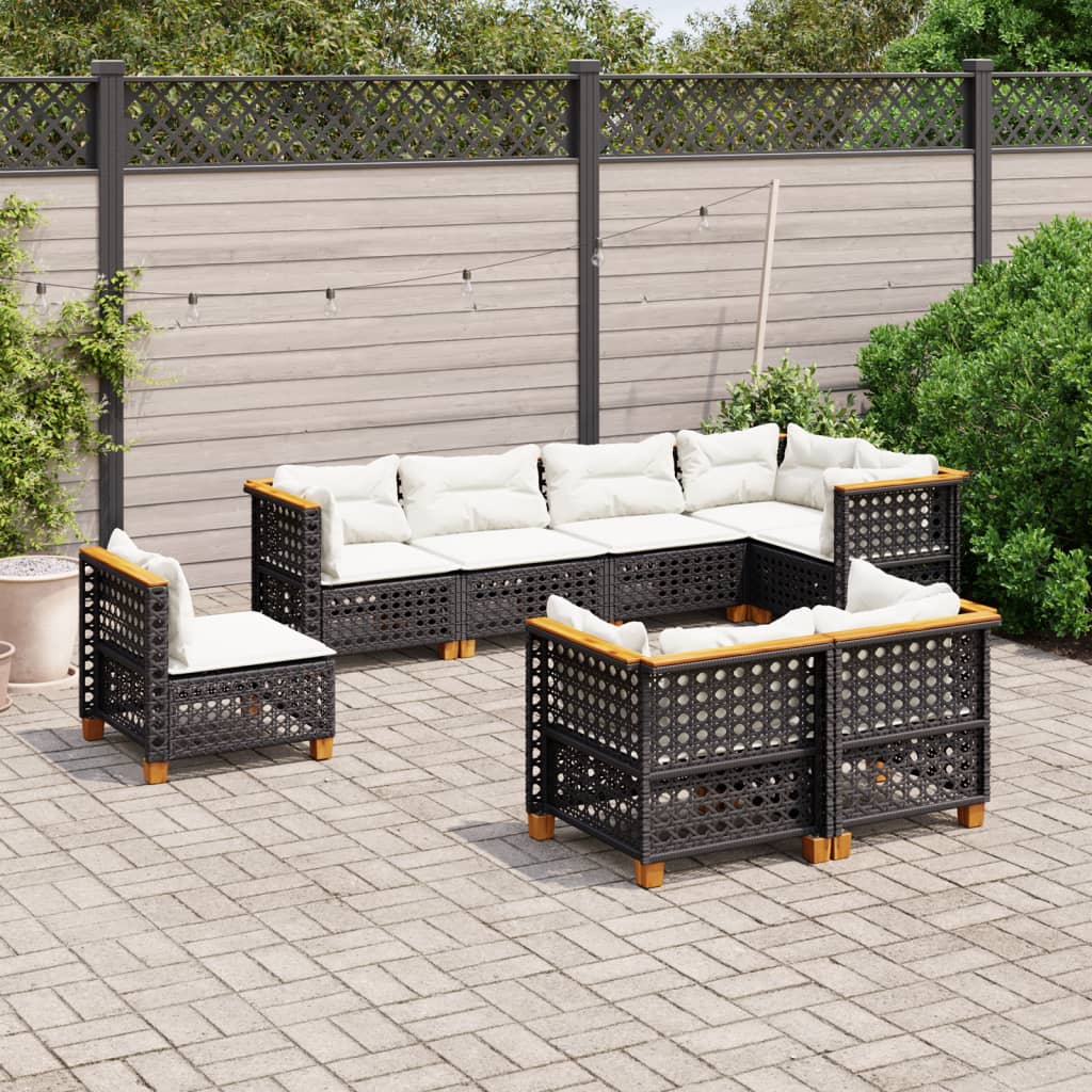 8 pcs conjunto sofás de jardim com almofadões vime PE preto