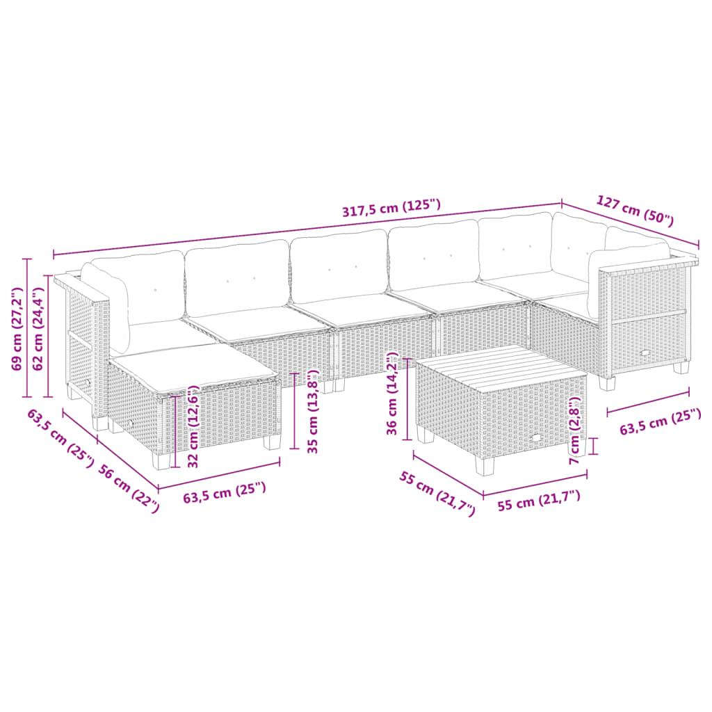 8 pcs conjunto sofás de jardim c/ almofadões vime PE cinzento