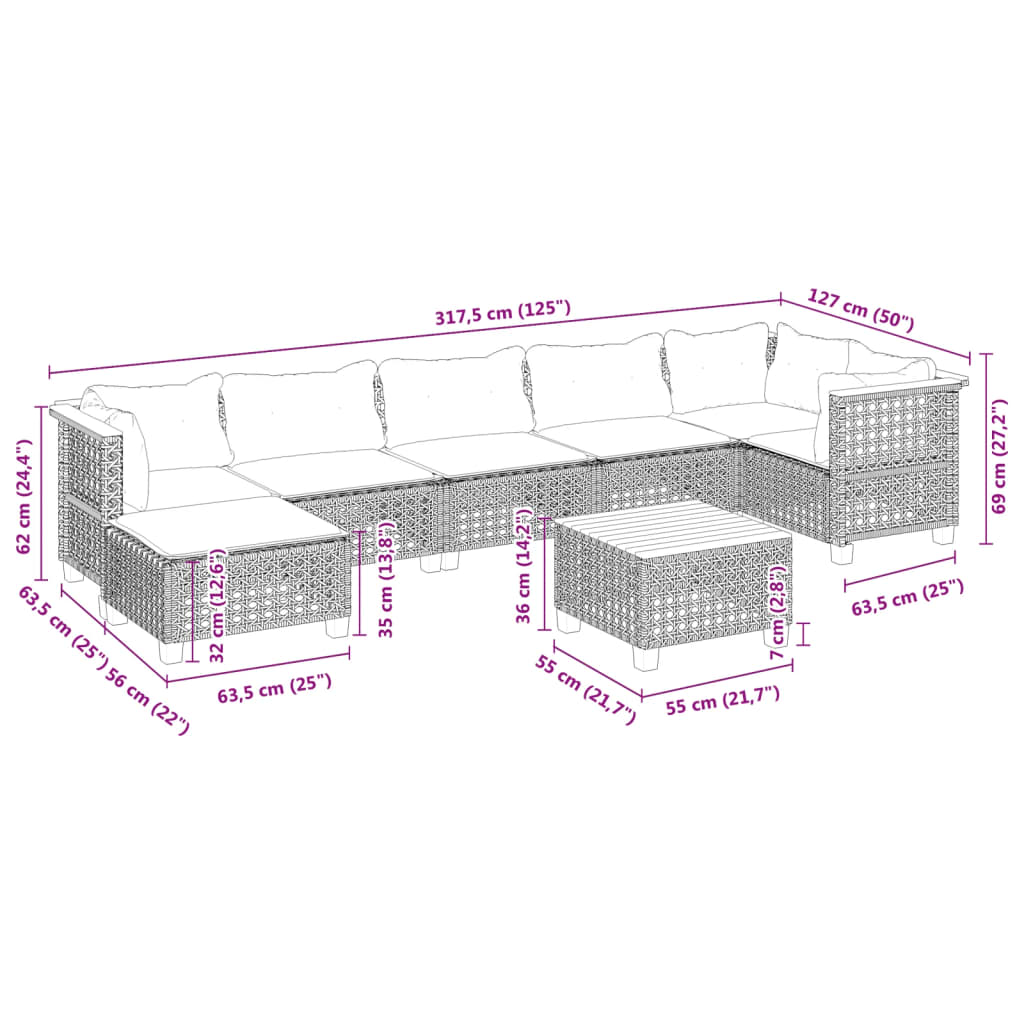 8 pcs conjunto sofás de jardim com almofadões vime PE preto