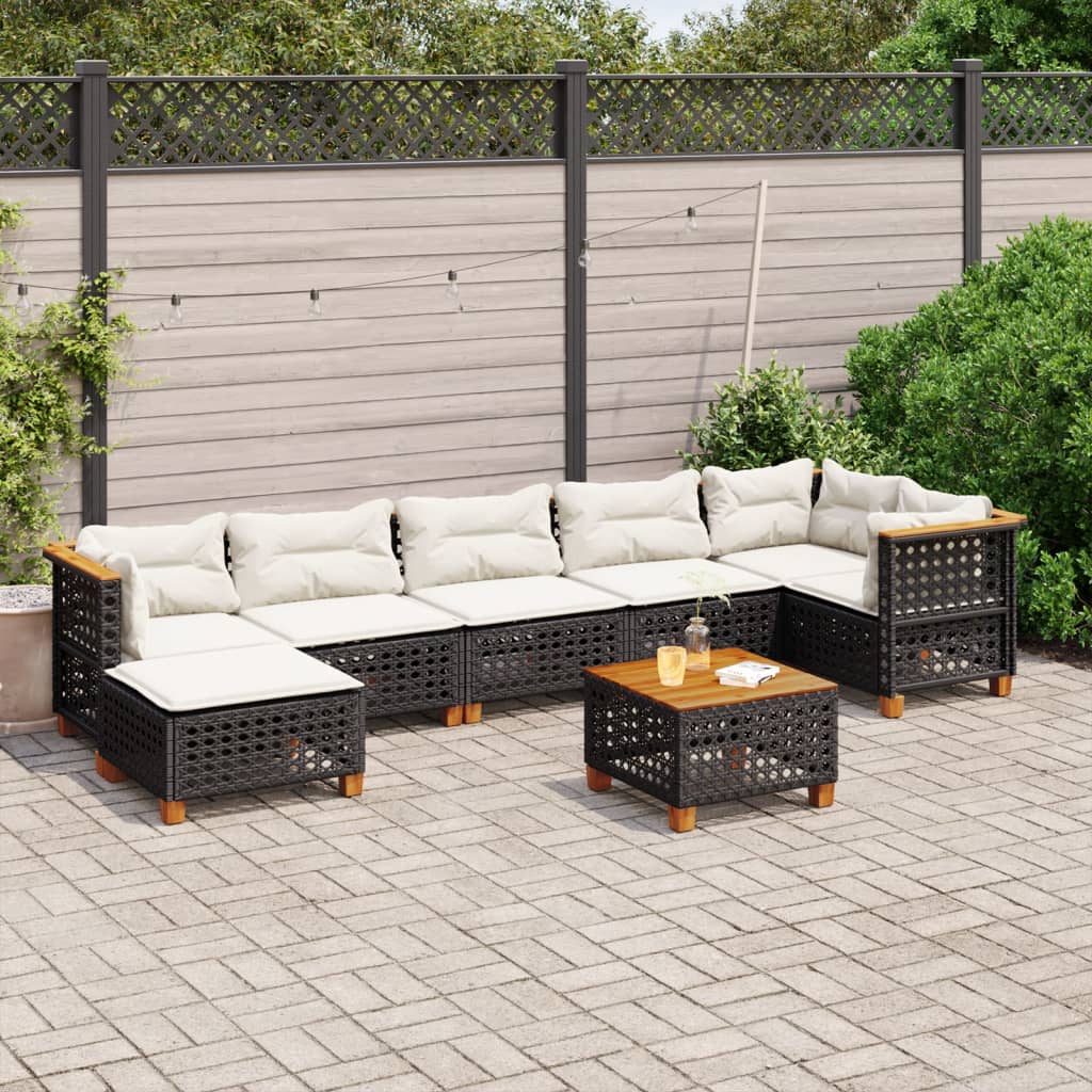 8 pcs conjunto sofás de jardim com almofadões vime PE preto