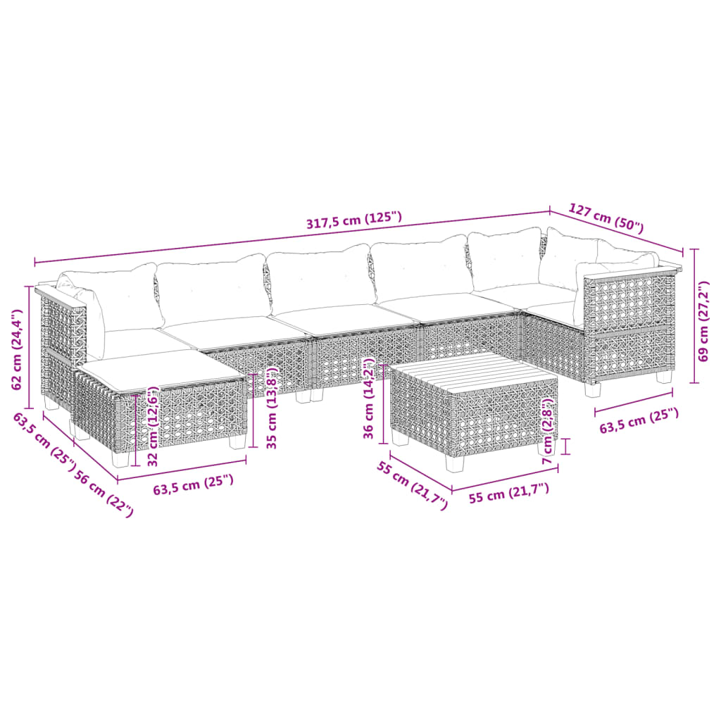 8 pcs conjunto sofás de jardim c/ almofadões vime PE cinzento