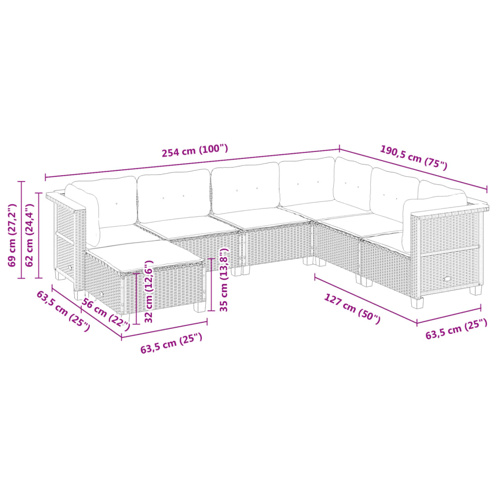 7 pcs conjunto de sofás p/ jardim c/ almofadões vime PE preto